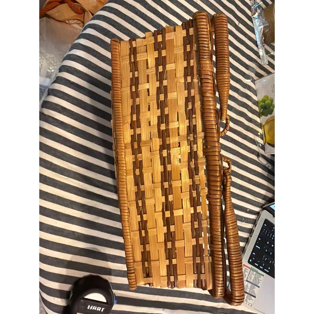 Vintage Style Woven Wicker Picnic Basket Rectangular Two Tone Wood Splint Tote